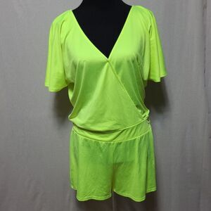 Ark & Co. Women Large Neon Yellow Romper Surplice Top Short Sleeve